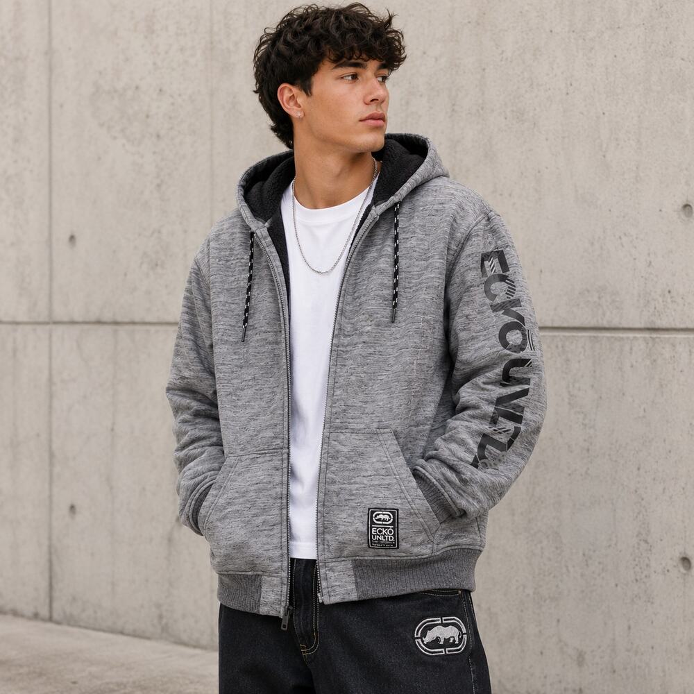 Ecko Unltd. XL Gray Sherpa Lined Full Zip Hoodie Jacket Y2K Hip Hop Streetwear